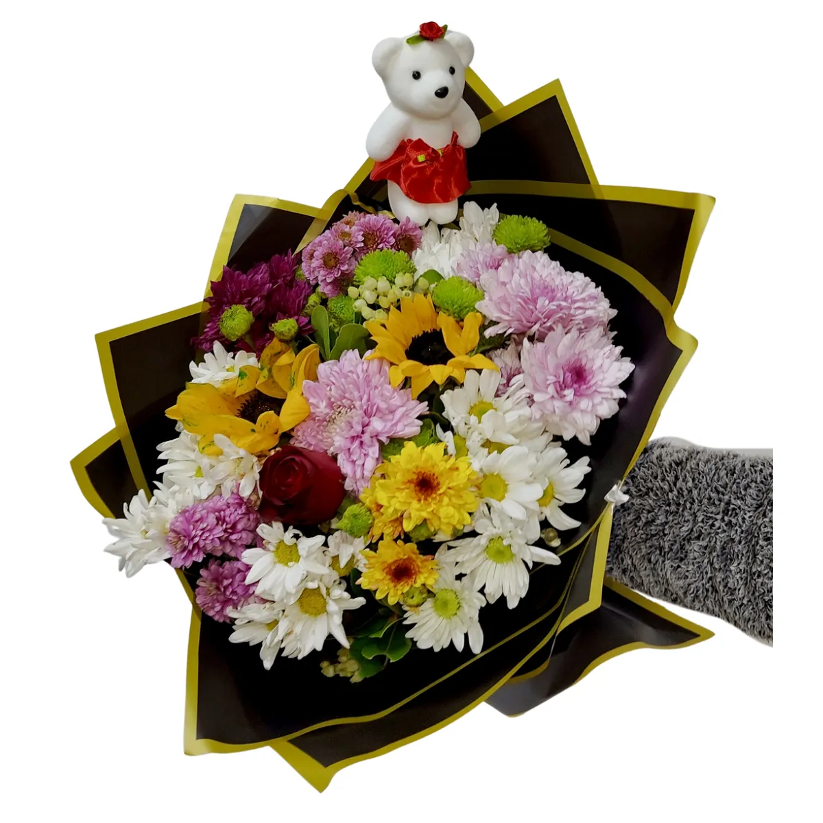 Gökkuşağı Neşesi: Ayıcıklı Renkli Kasımpatı Buketi